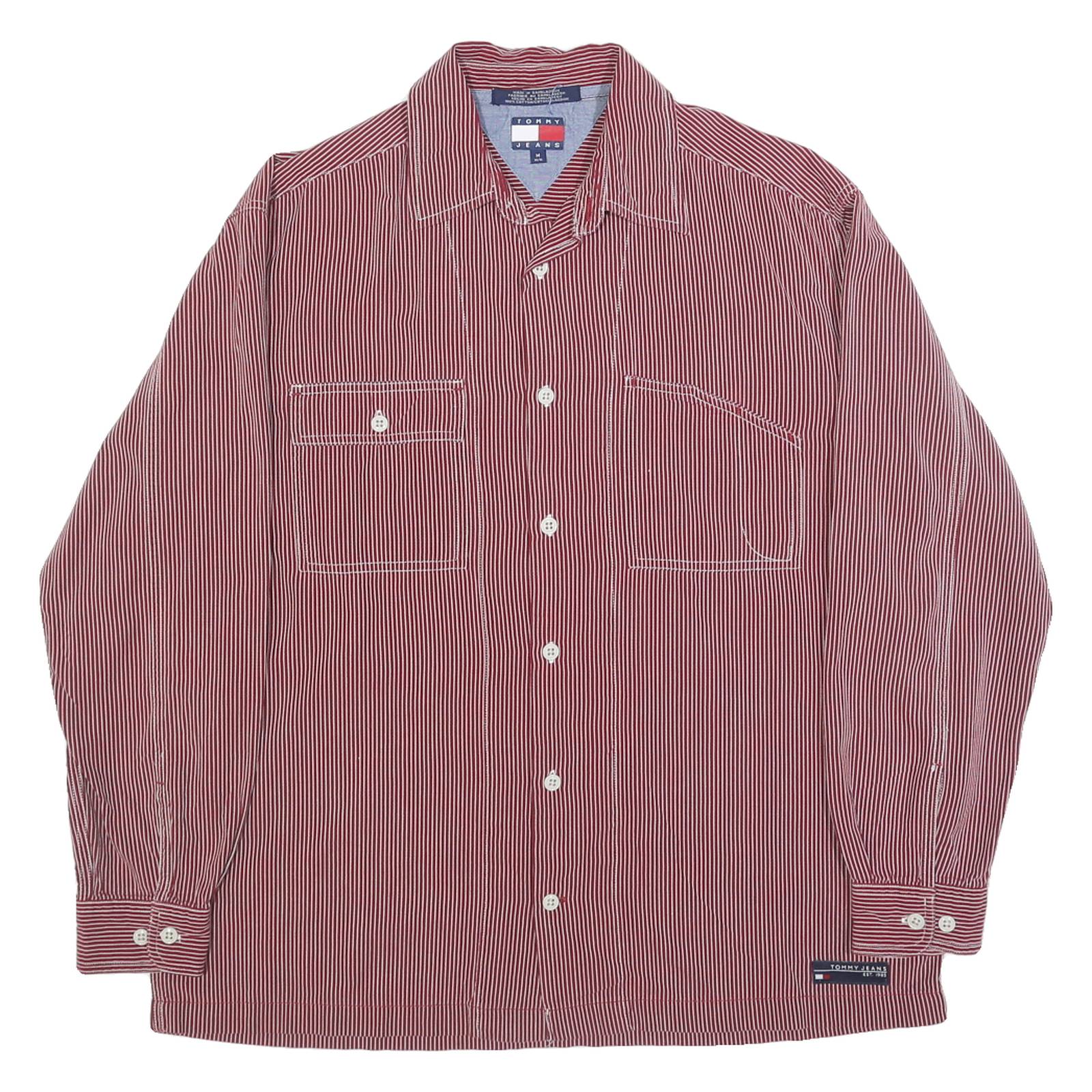 TOMMY HILFIGER Mens Red & White Striped Cotton Shirt M Casual Button Down