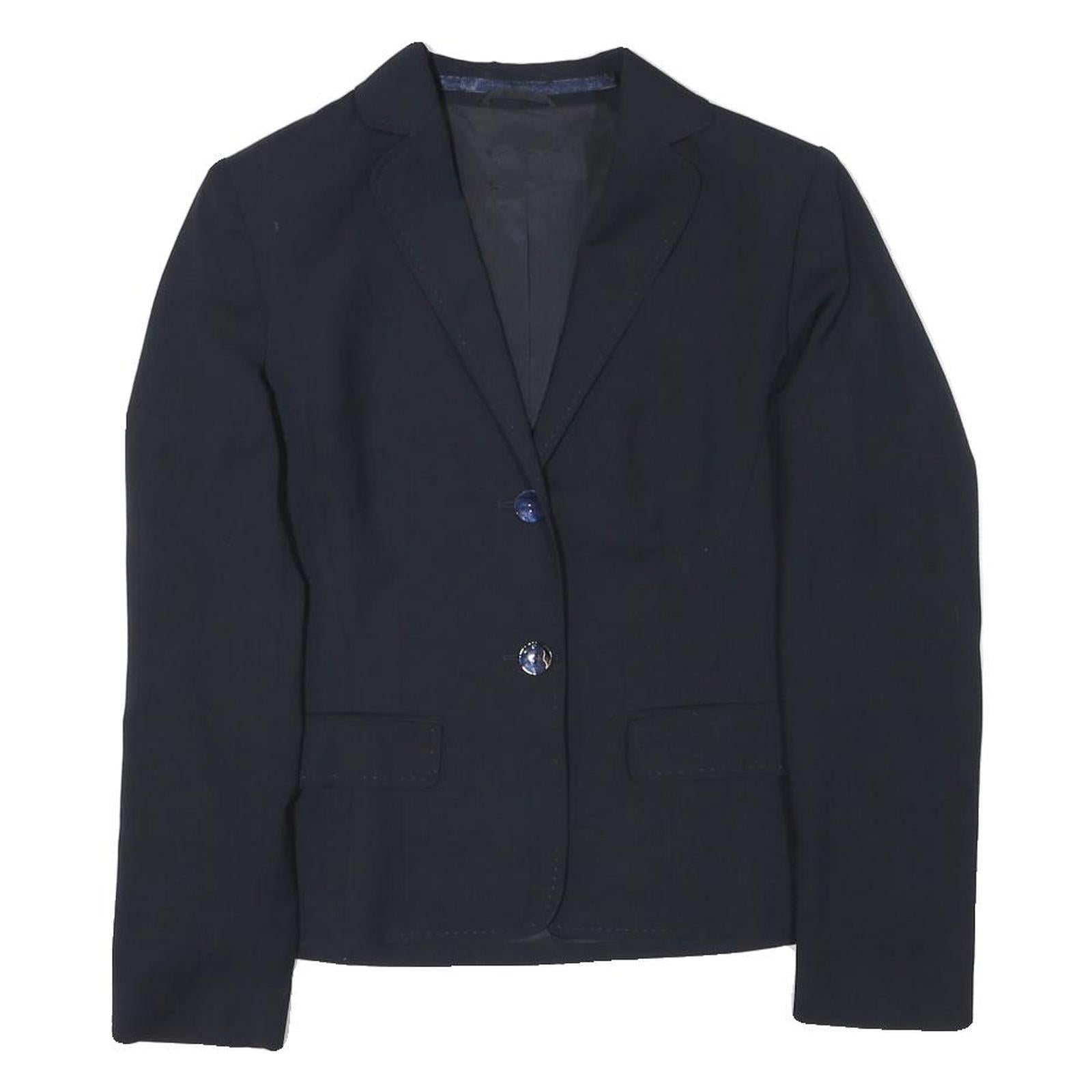 Womens Navy Blue Plain Classic Button Wool Blend Jacket XS Tailored Blazer