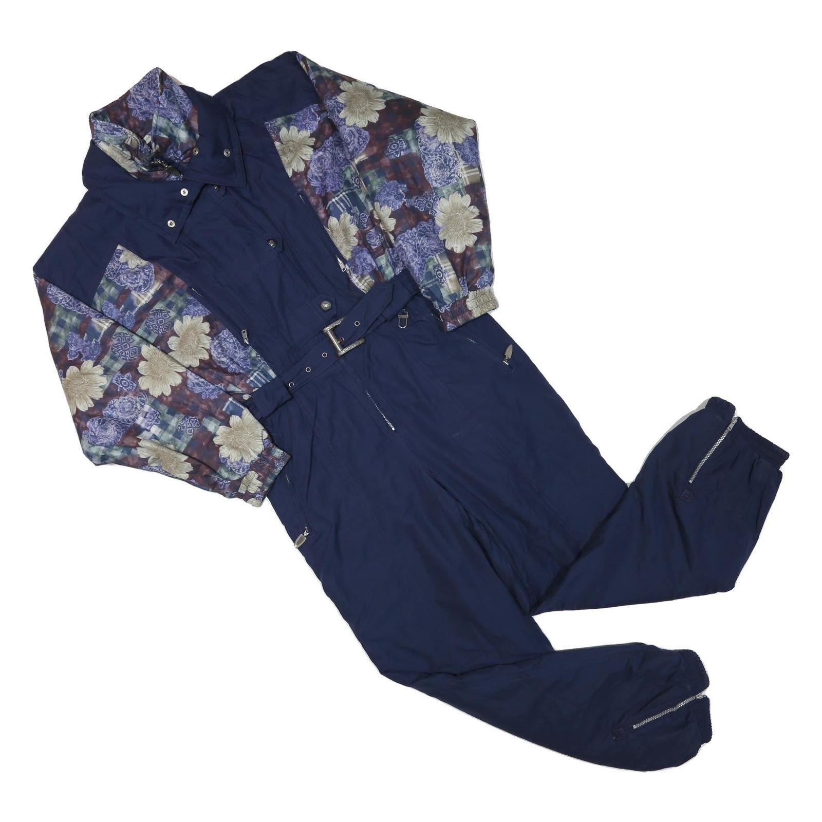 FILA Womens Navy Blue Floral Print Lined Dungarees Regular Polyester UK 12 W32