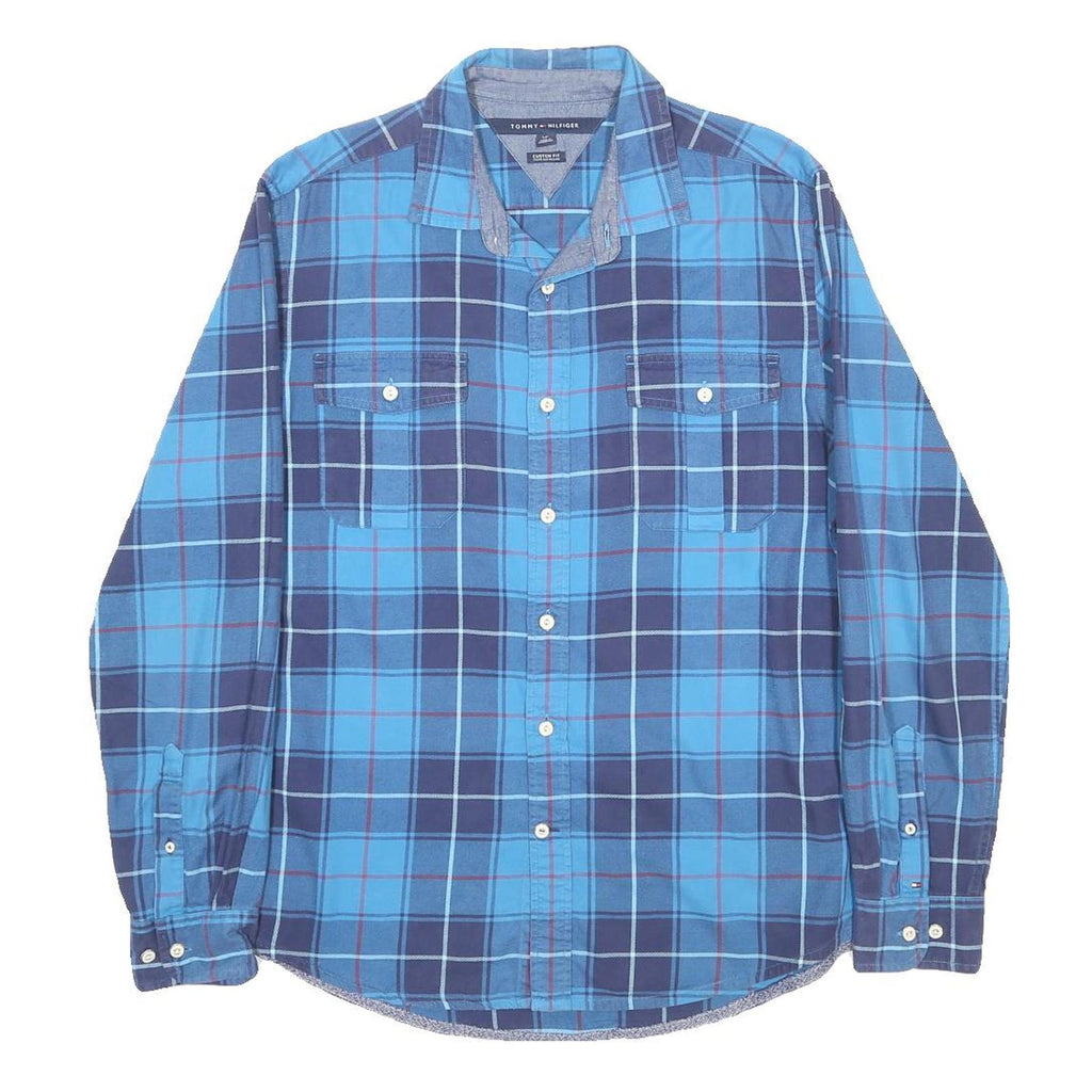 TOMMY HILFIGER Mens Blue Check Shirt L Classic Cotton Long Sleeve Casual