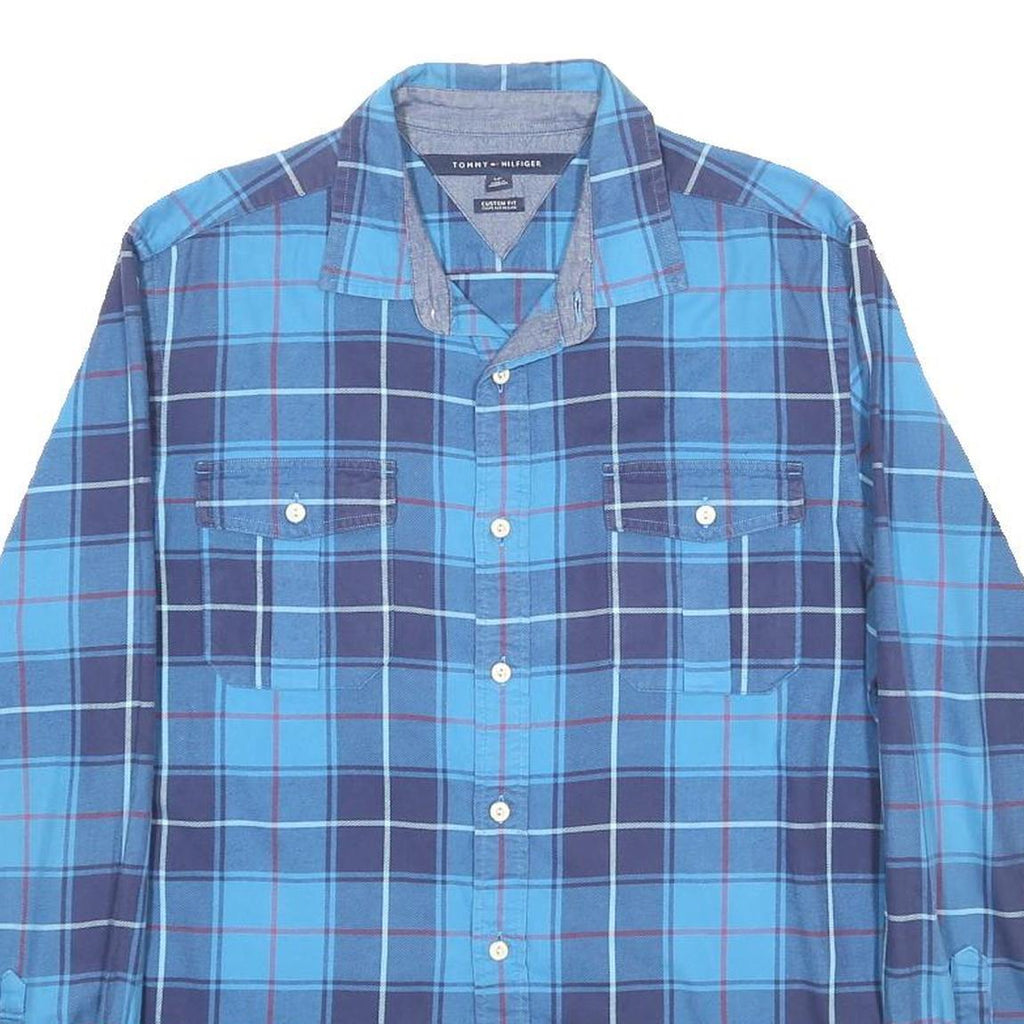 TOMMY HILFIGER Mens Blue Check Shirt L Classic Cotton Long Sleeve Casual