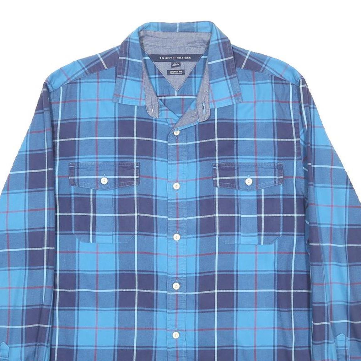 TOMMY HILFIGER Mens Blue Check Shirt L Classic Cotton Long Sleeve Casual