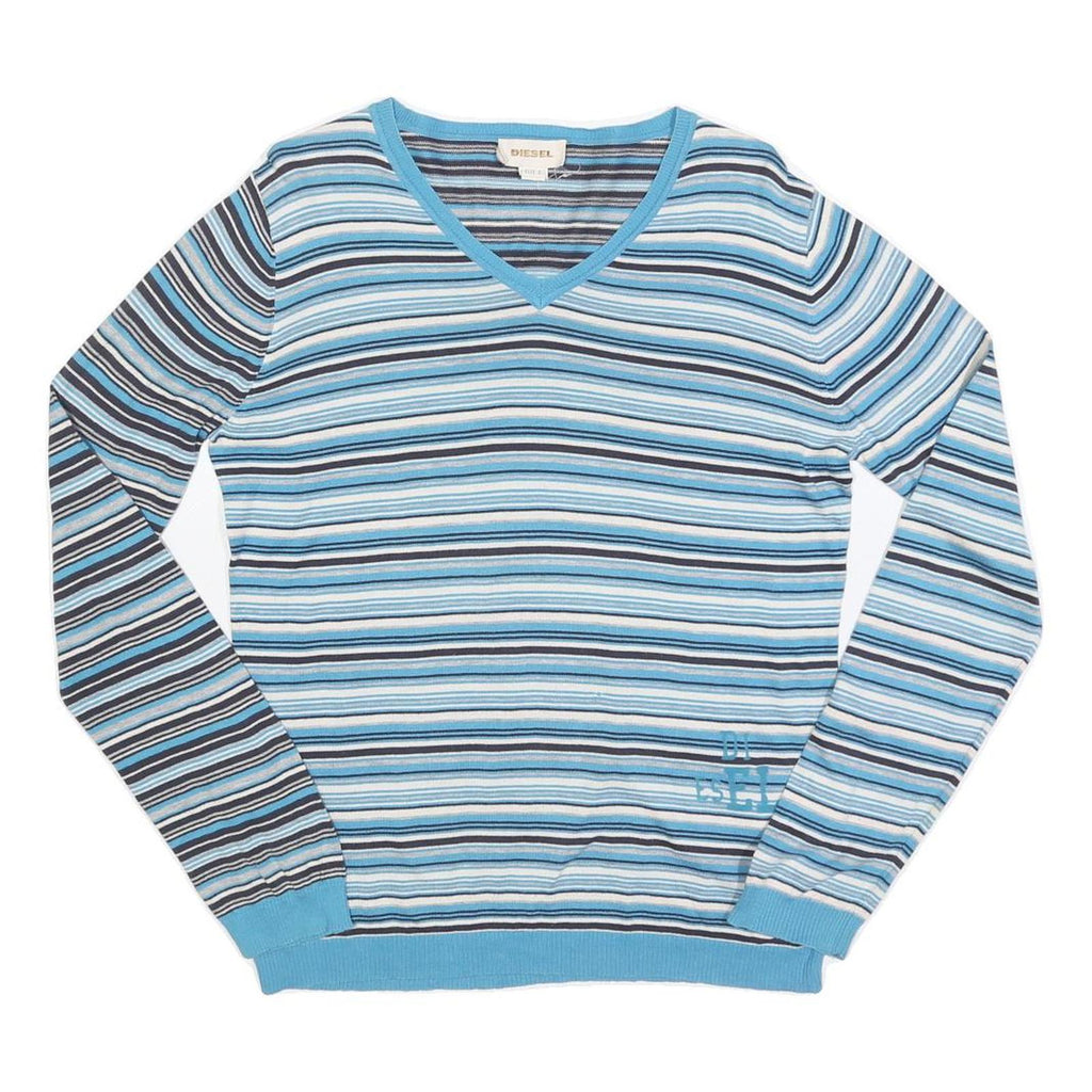 DIESEL Womens Blue Striped Plain V-Neck Basic Knit S Lightweight Jumper