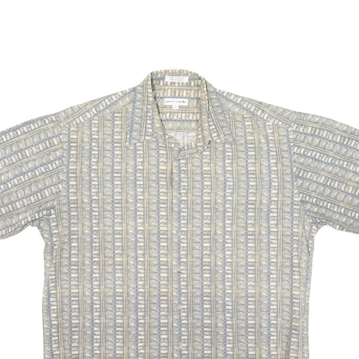 PIERRE CARDIN Mens Beige & Grey Short Sleeve Shirt L Cotton Blend Casual Summer