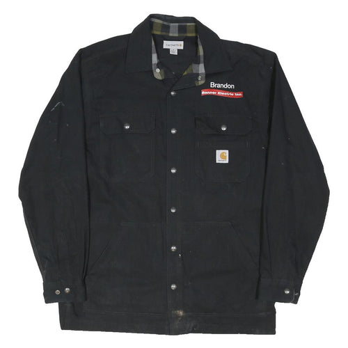 CARHARTT Mens Black Workwear Cotton Blend Jacket L Button Plain Branding Logo