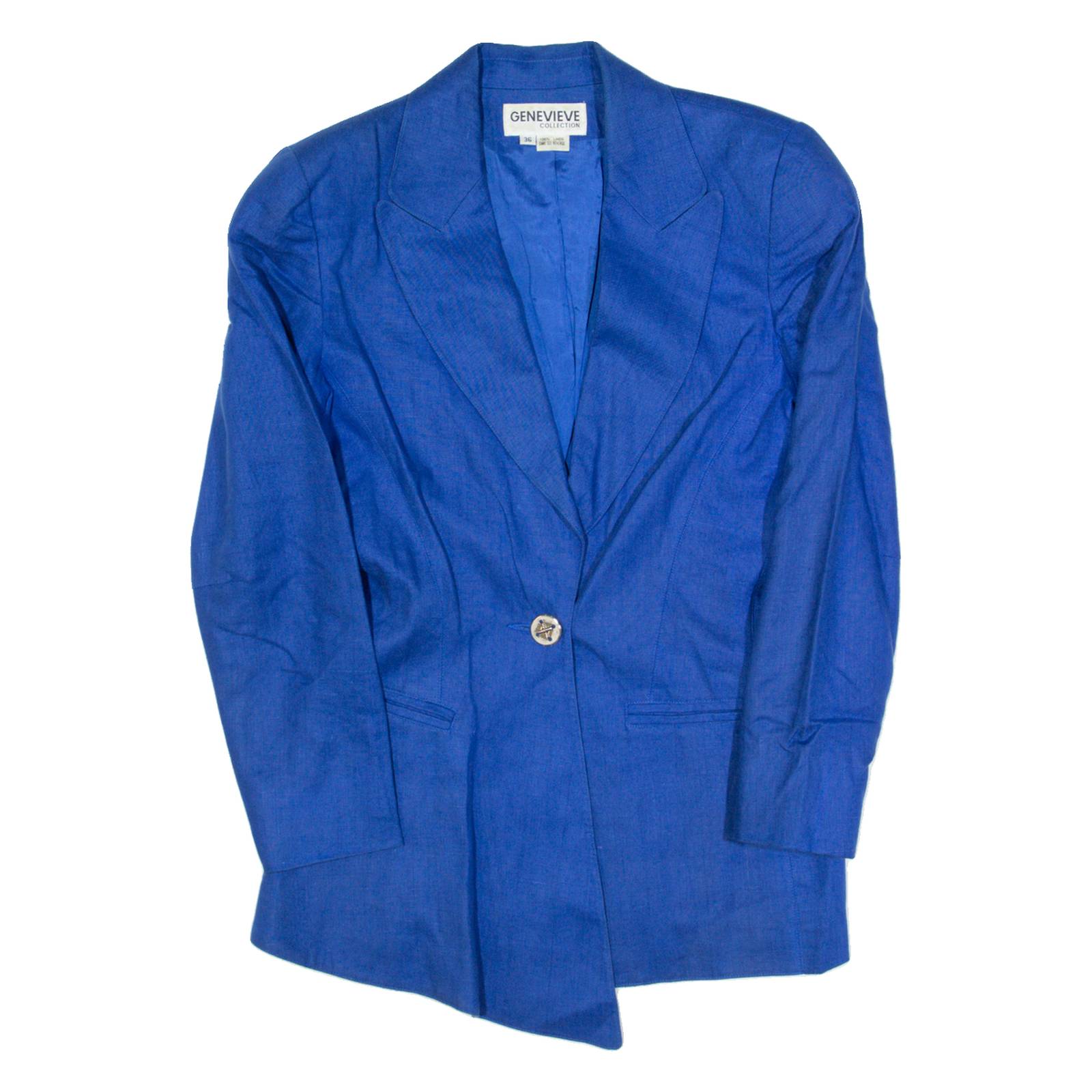 GENEVIEVE Womens Blazer Jacket Blue Linen S