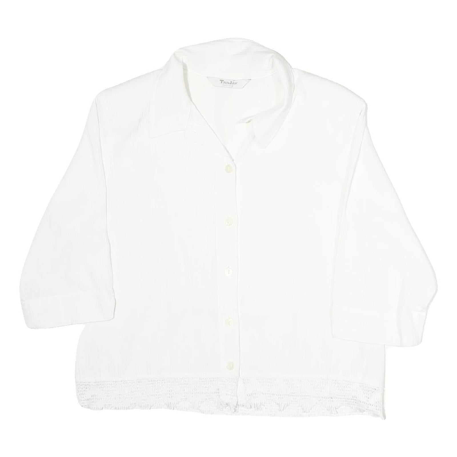 TANJAY Womens White Button Shirt 3/4 Sleeve Collared Top M Polyester