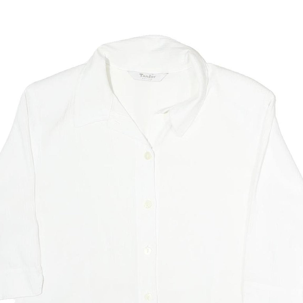 TANJAY Womens White Button Shirt 3/4 Sleeve Collared Top M Polyester