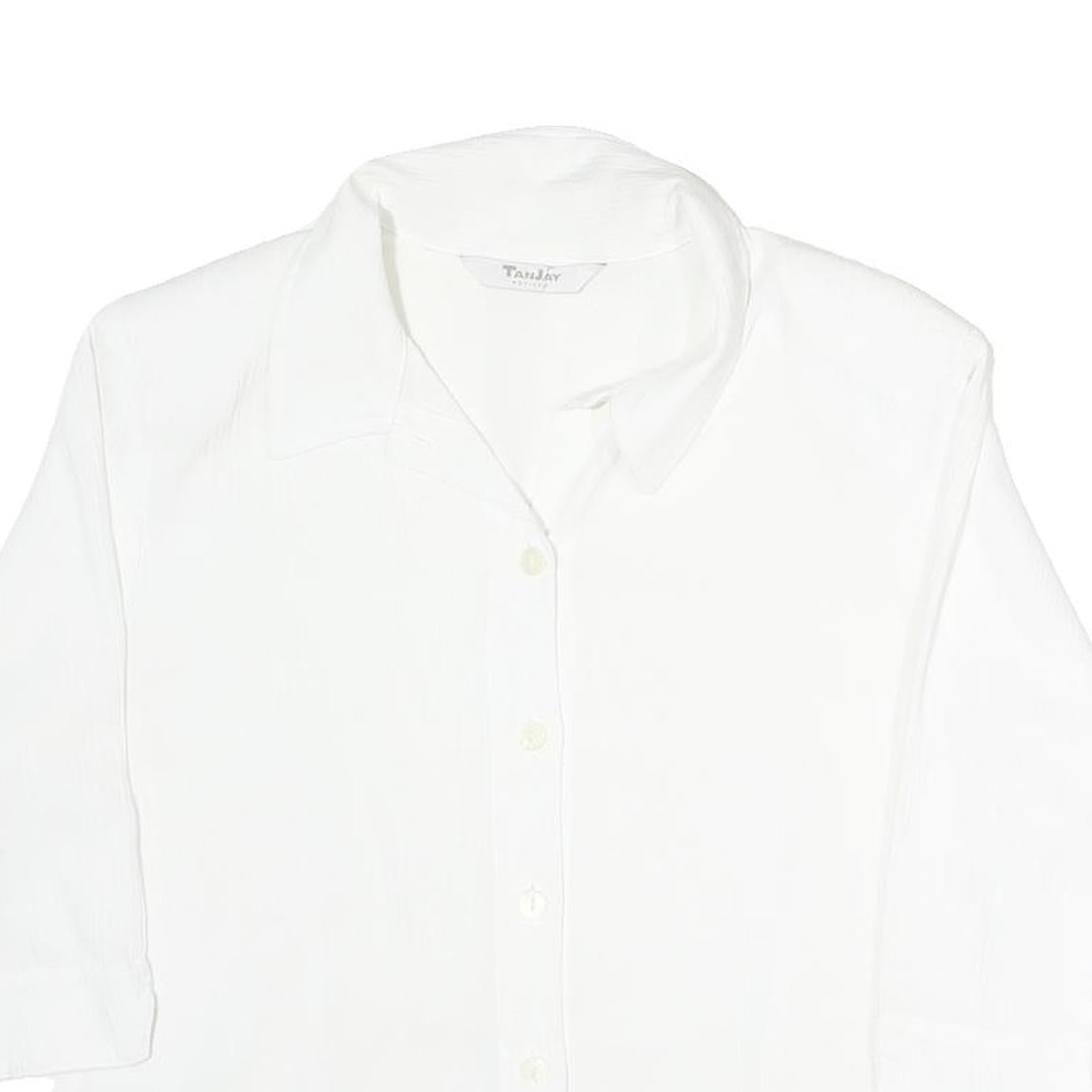TANJAY Womens White Button Shirt 3/4 Sleeve Collared Top M Polyester