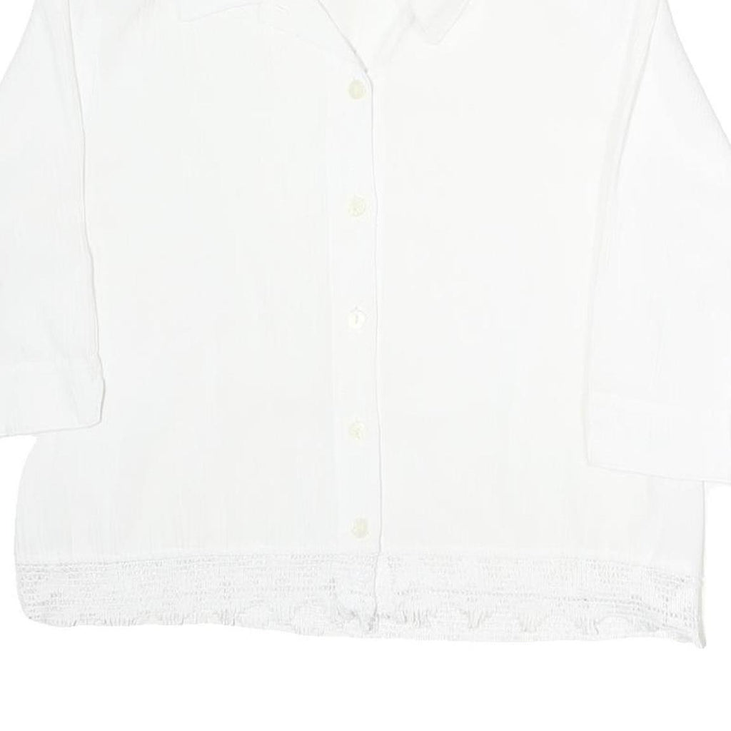 TANJAY Womens White Button Shirt 3/4 Sleeve Collared Top M Polyester