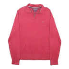 TOMMY HILFIGER Mens Red Quarter Zip Patterned Jumper Crew Neck Cotton Blend L