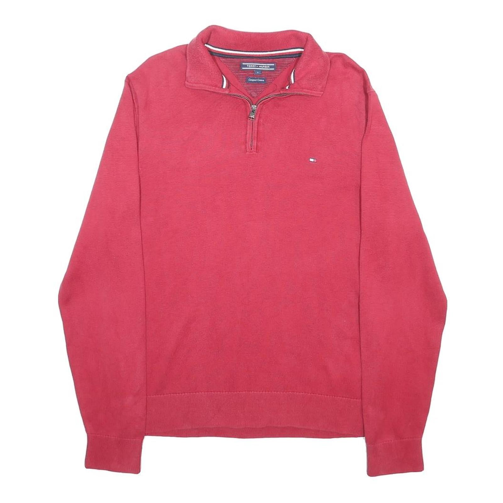 TOMMY HILFIGER Mens Red Quarter Zip Patterned Jumper Crew Neck Cotton Blend L