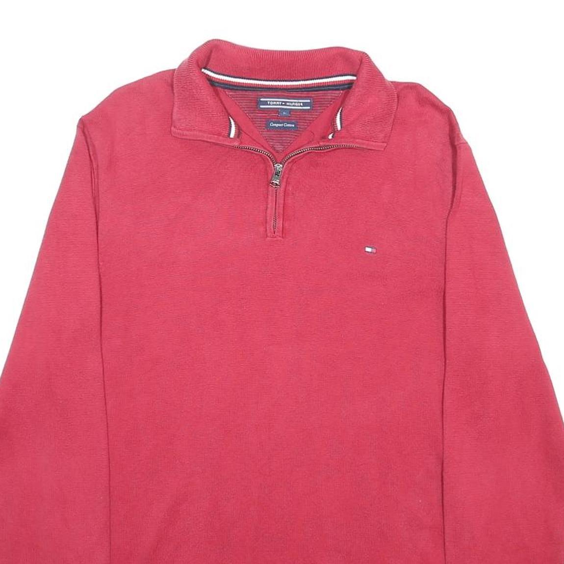 TOMMY HILFIGER Mens Red Quarter Zip Patterned Jumper Crew Neck Cotton Blend L