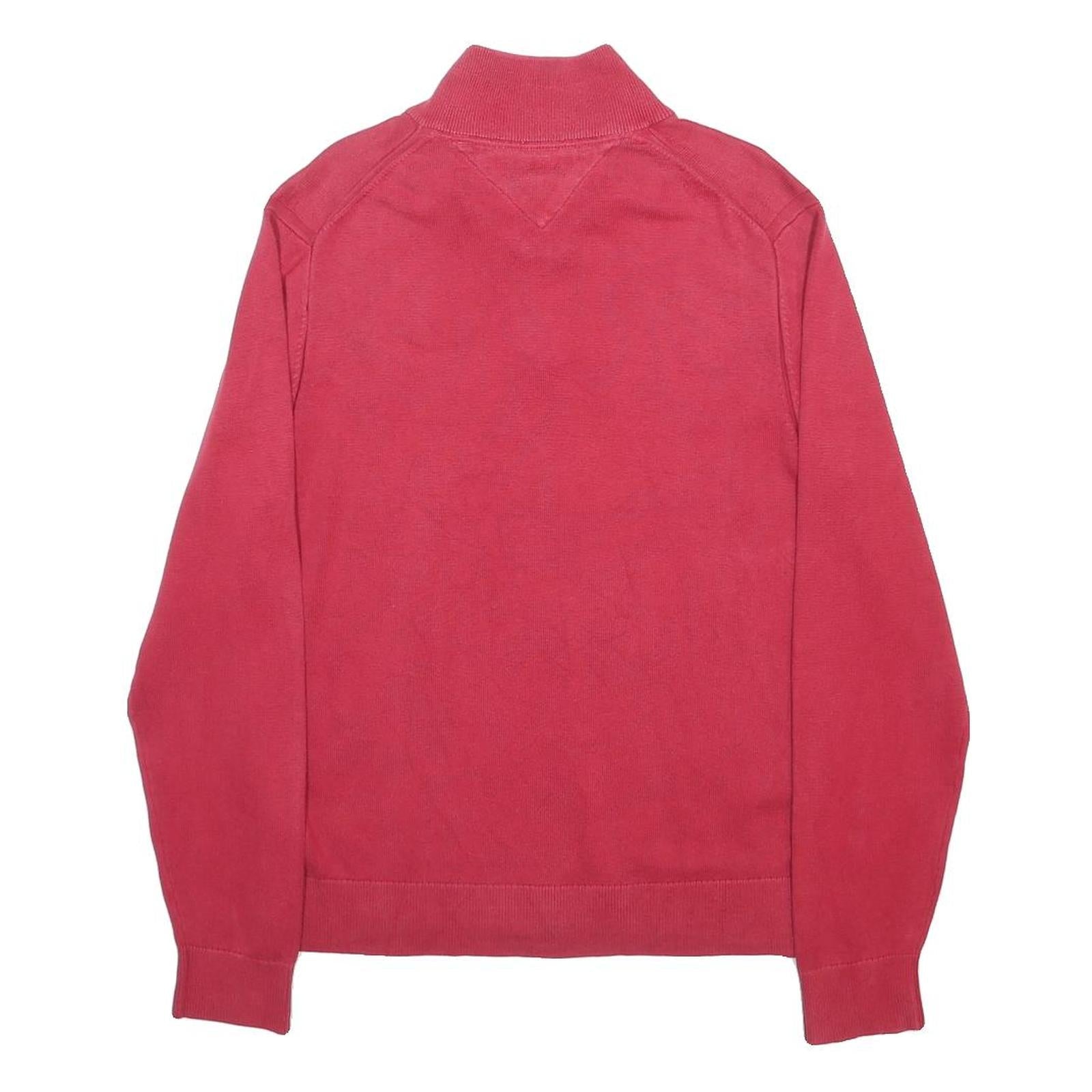 TOMMY HILFIGER Mens Red Quarter Zip Patterned Jumper Crew Neck Cotton Blend L
