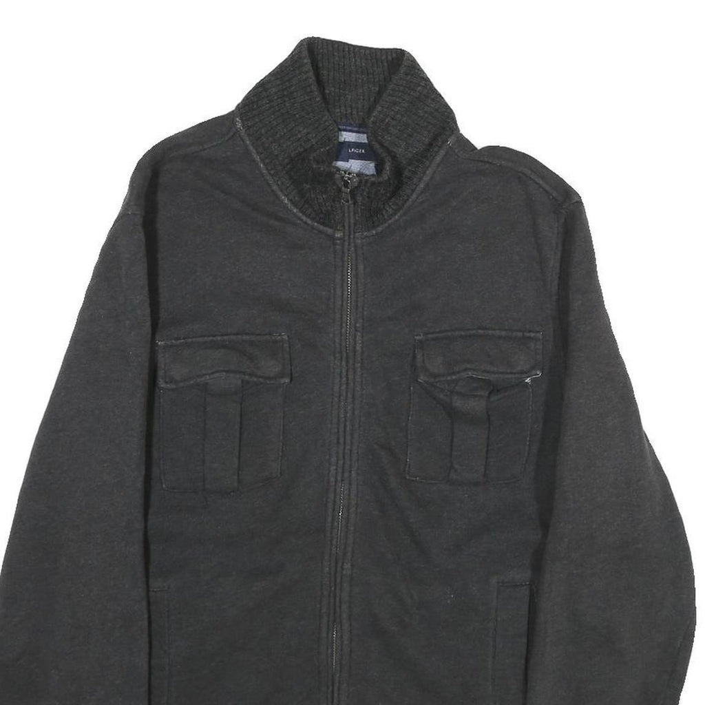 TOMMY HILFIGER Mens Black Cotton Zip Jacket S Ribbed Collar Casual Outerwear