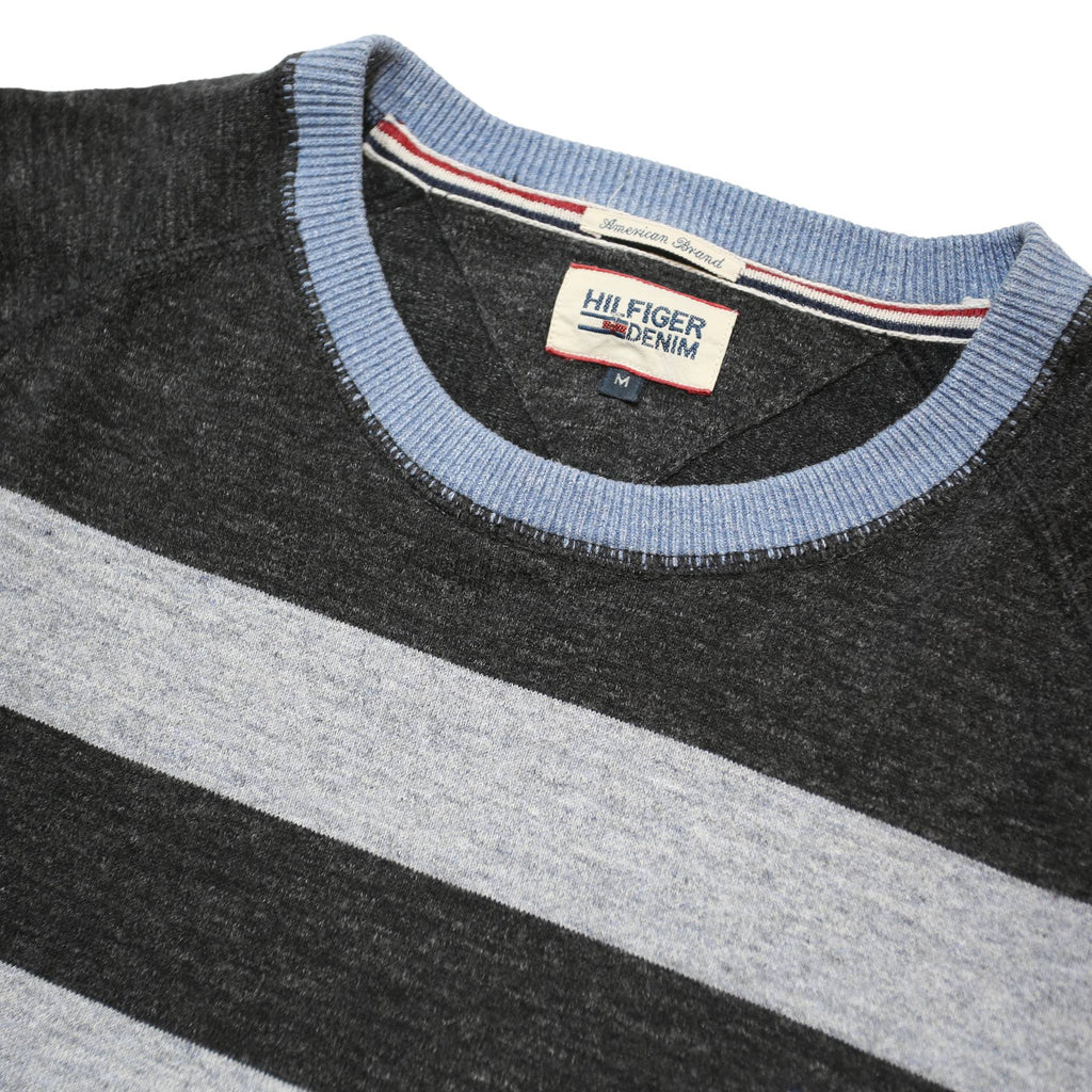 HILFIGER DENIM Mens Black & Grey Striped Pattern Plain Crew Neck Basic Knit M