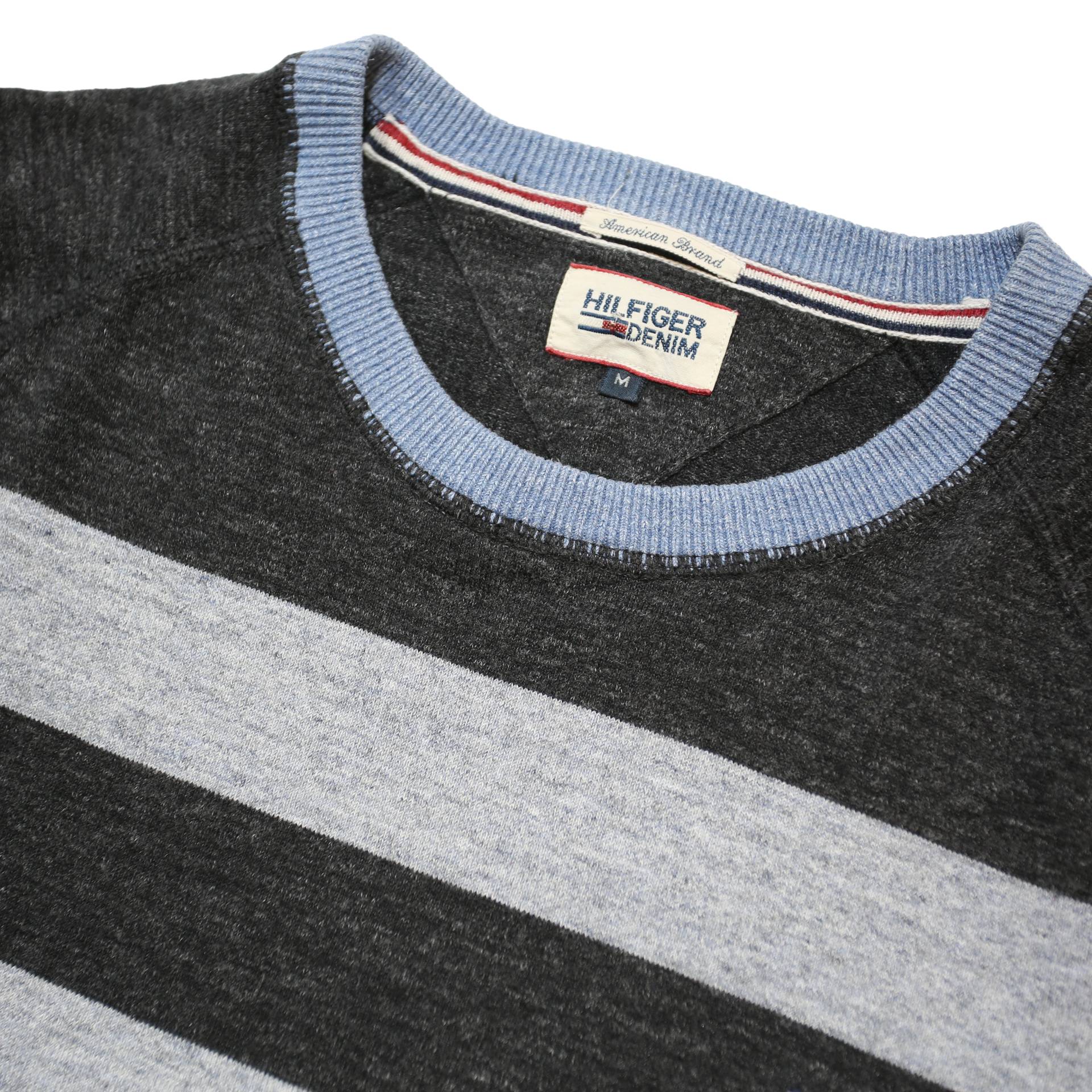 HILFIGER DENIM Mens Black & Grey Striped Pattern Plain Crew Neck Basic Knit M
