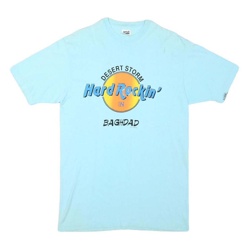 ANVIL Mens Blue Hard Rockin' Graphic T-Shirt L Short Sleeve Crew Neck Cotton