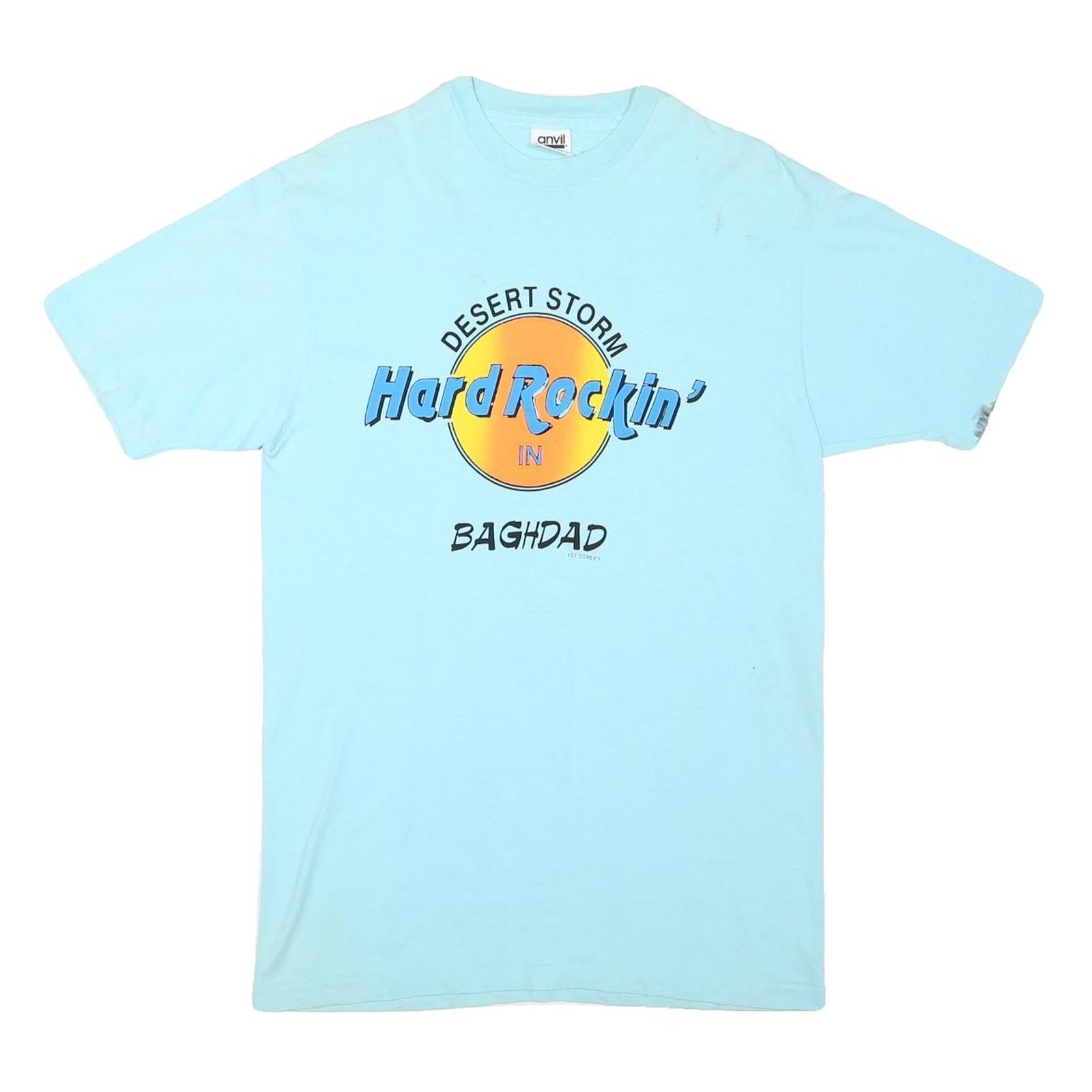 ANVIL Mens Blue Hard Rockin' Graphic T-Shirt L Short Sleeve Crew Neck Cotton