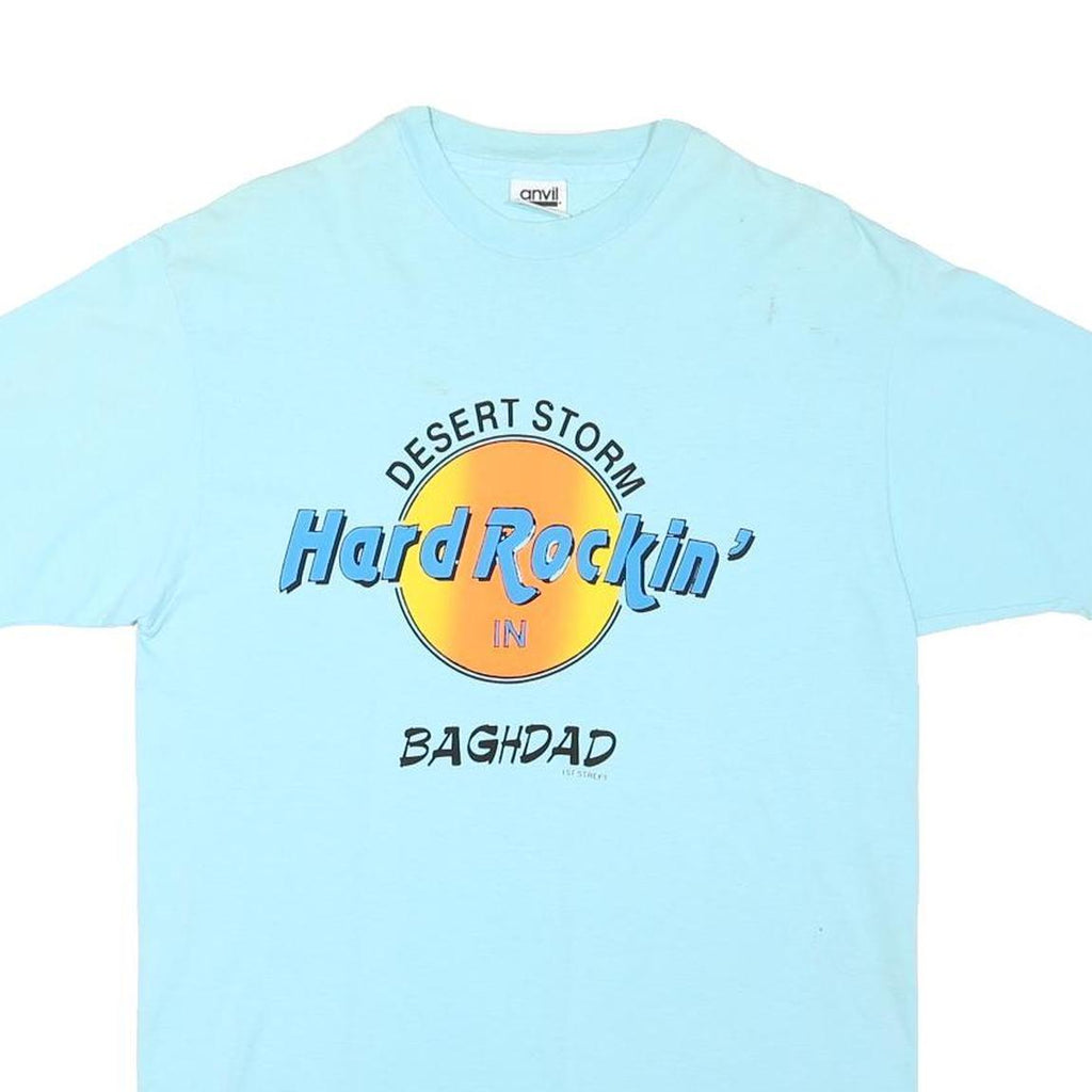 ANVIL Mens Blue Hard Rockin' Graphic T-Shirt L Short Sleeve Crew Neck Cotton