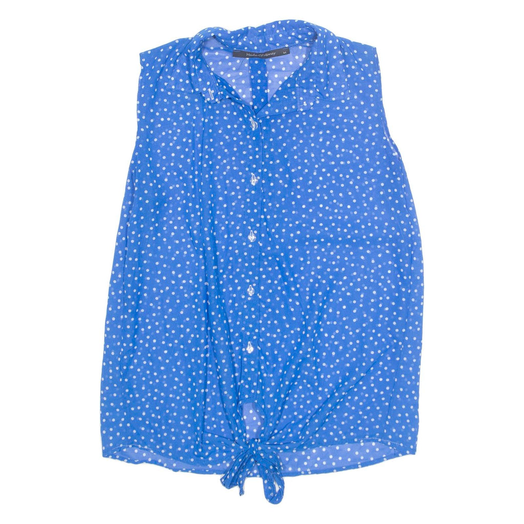 MADE OF MONEY Sheer Tie Front Womens Printed Shirt Blue Collared Spotted M