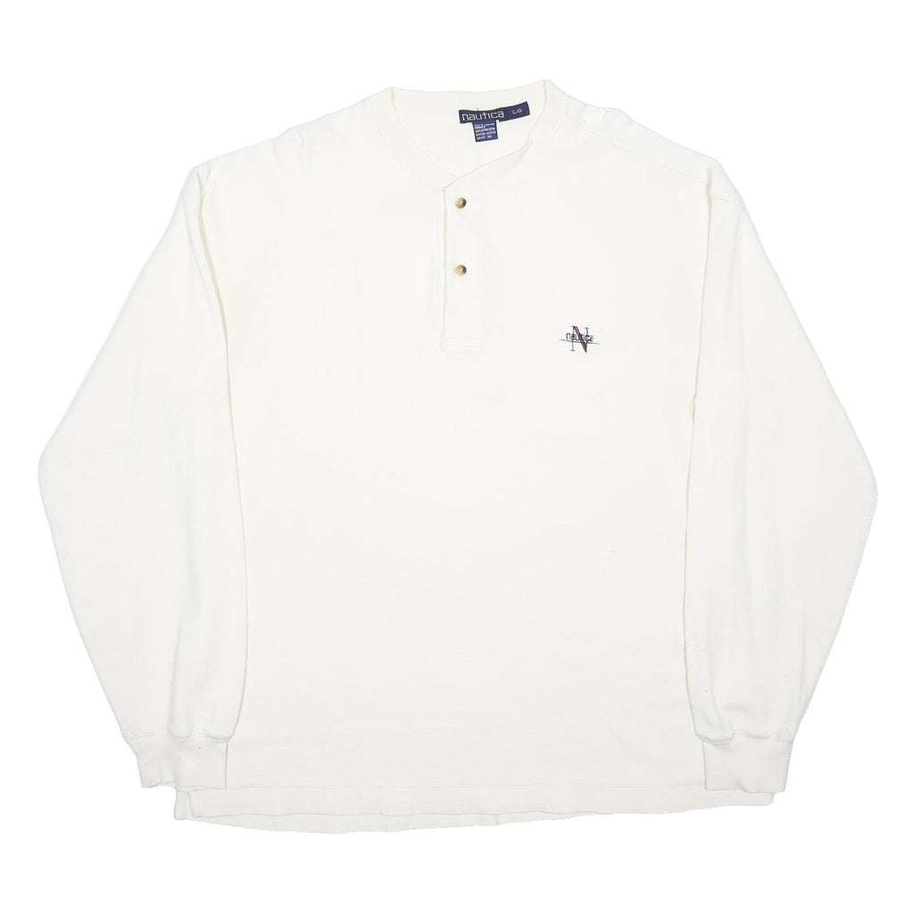 NAUTICA Mens White Henley Neck Sweatshirt L Cotton Pullover Casual Style