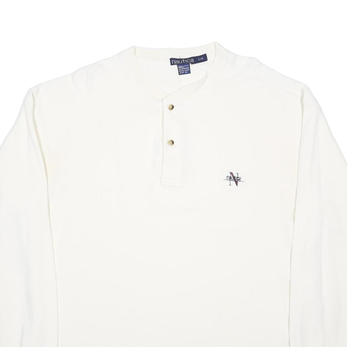 NAUTICA Mens White Henley Neck Sweatshirt L Cotton Pullover Casual Style