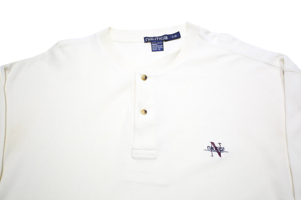 NAUTICA Mens White Henley Neck Sweatshirt L Cotton Pullover Casual Style