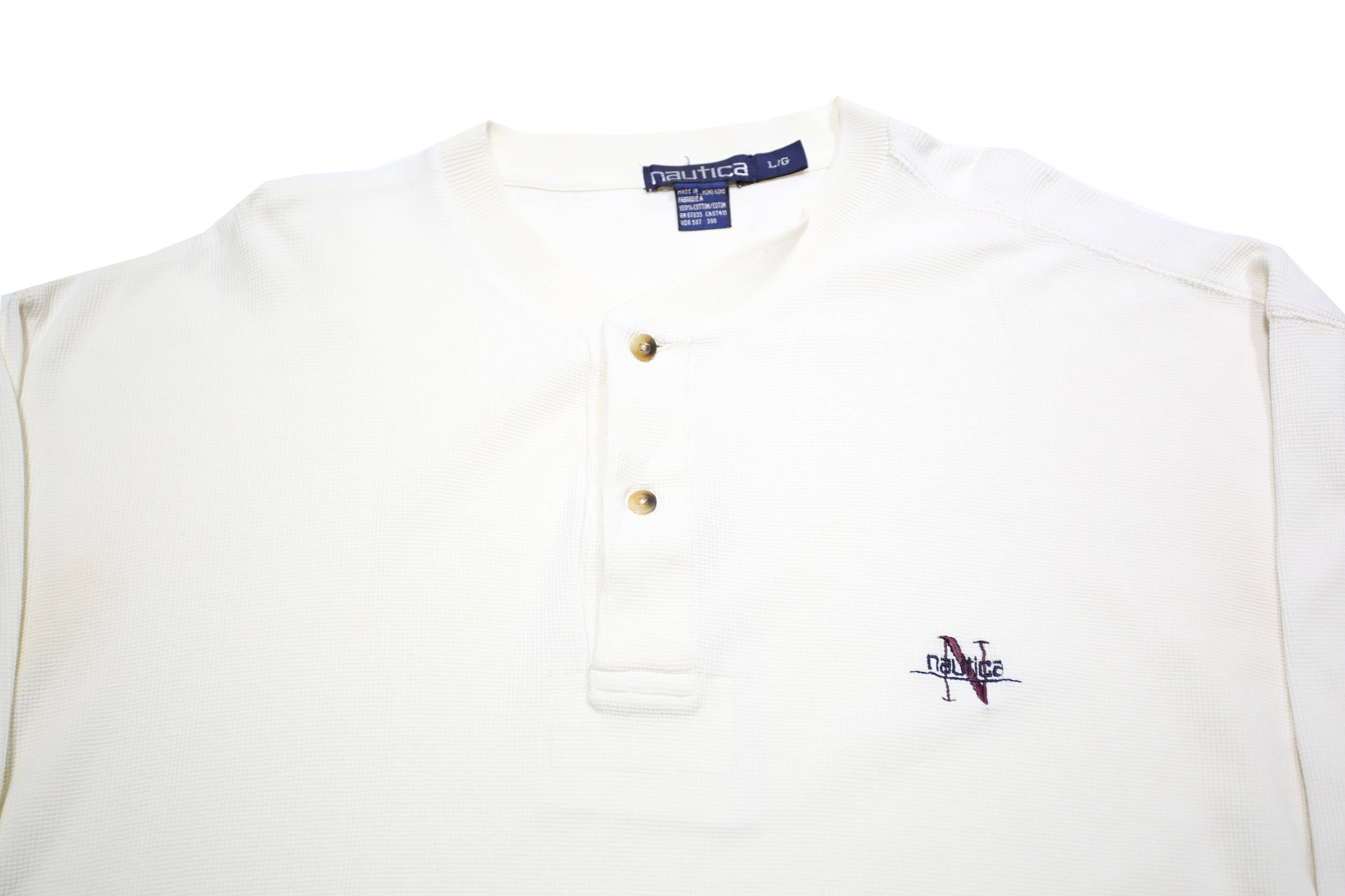NAUTICA Mens White Henley Neck Sweatshirt L Cotton Pullover Casual Style