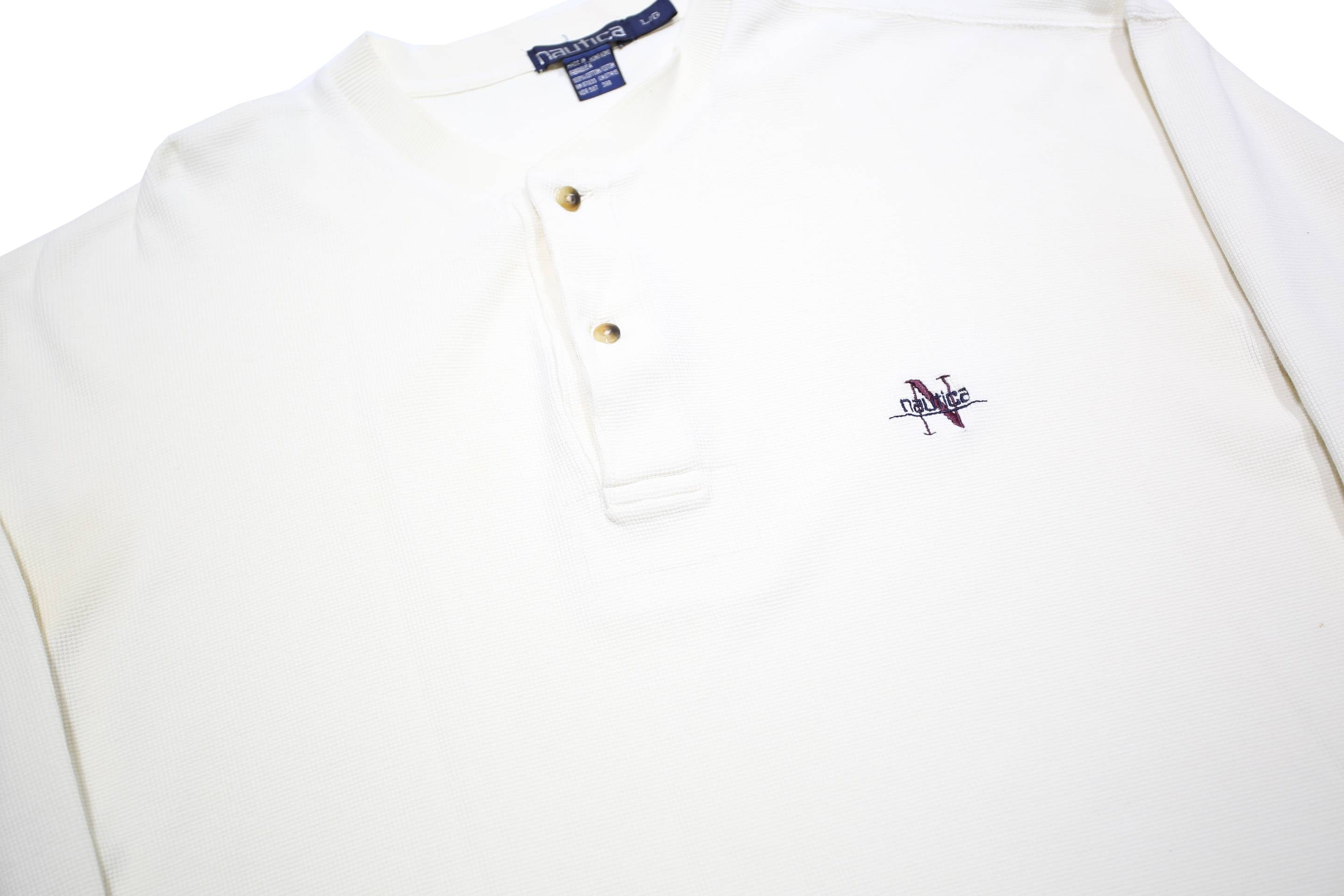 NAUTICA Mens White Henley Neck Sweatshirt L Cotton Pullover Casual Style