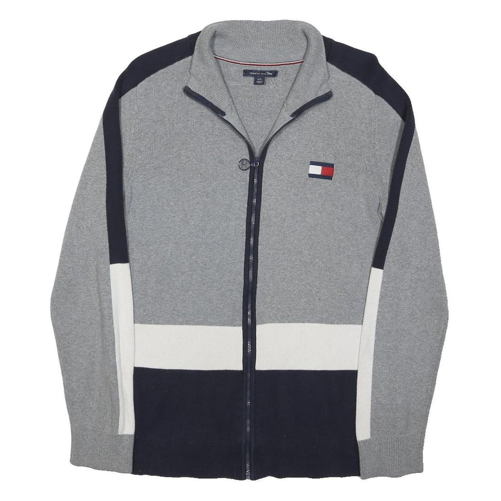 TOMMY HILFIGER Womens Grey Navy White Patterned Zip Up Cotton Blend Jumper M