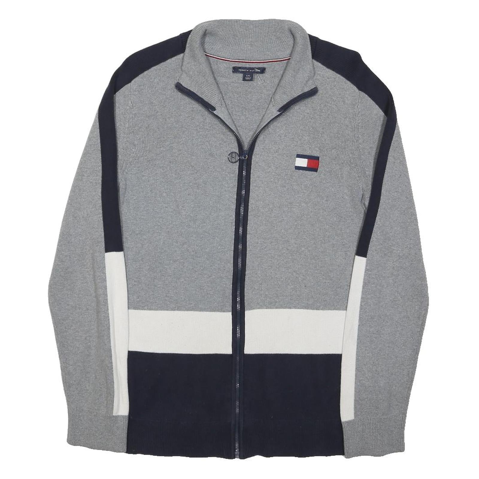 TOMMY HILFIGER Womens Grey Navy White Patterned Zip Up Cotton Blend Jumper M