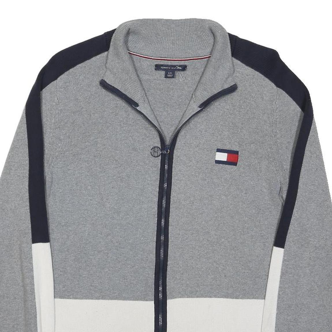 TOMMY HILFIGER Womens Grey Navy White Patterned Zip Up Cotton Blend Jumper M