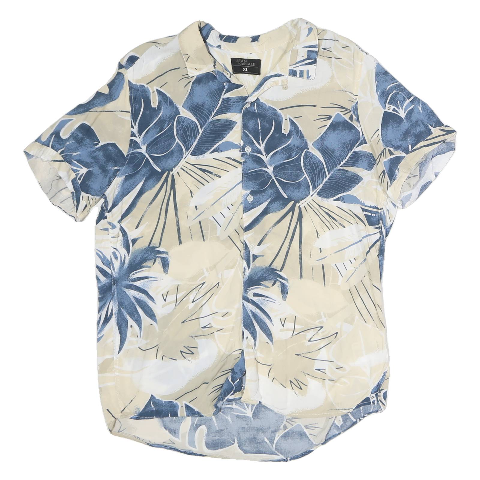 JEAN PASCAL Mens Blue & Beige Cotton XL Tropical Print Shirt Summer Casual