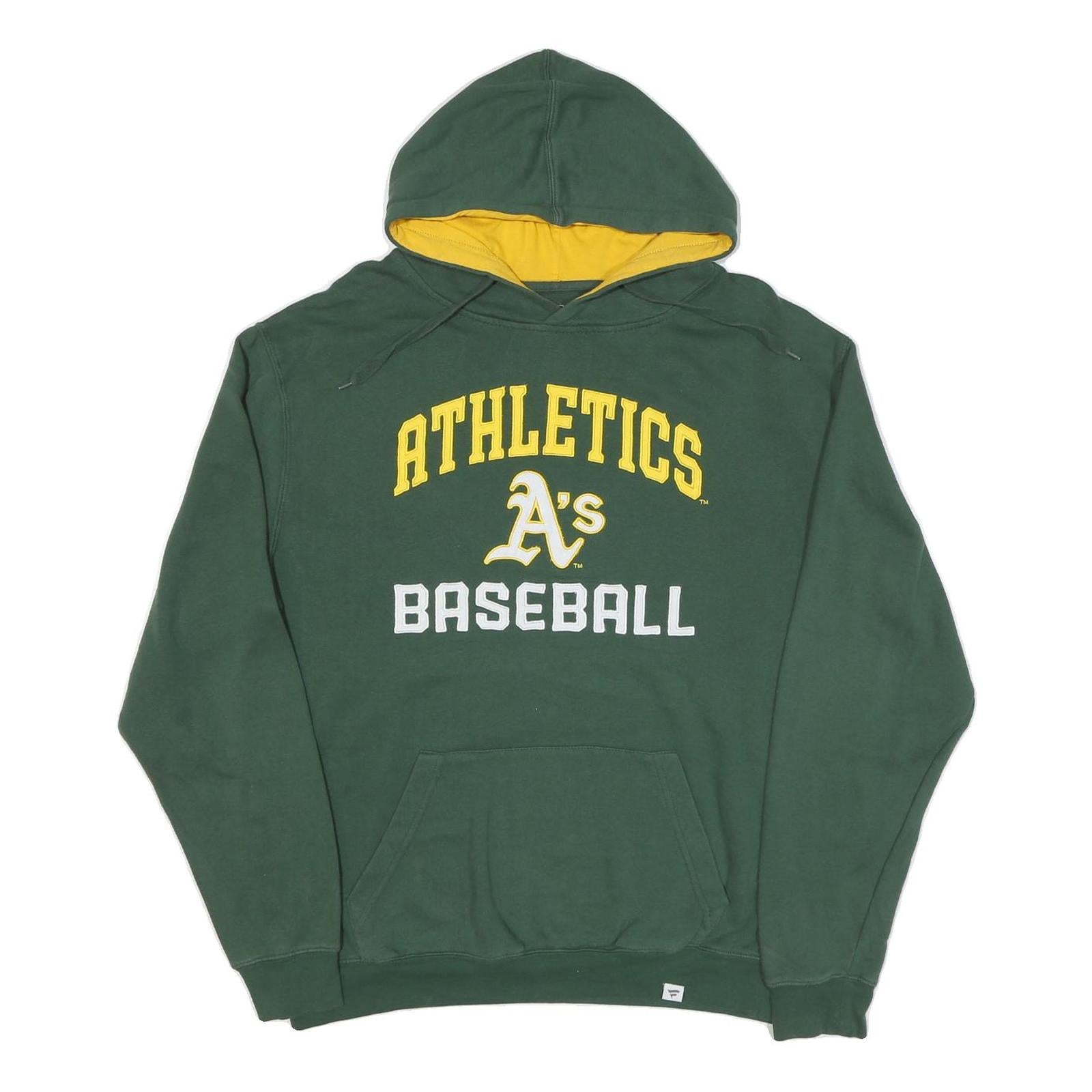FANATICS Mens Green & Yellow Athletics Baseball Hoodie L Cotton Blend Pullover