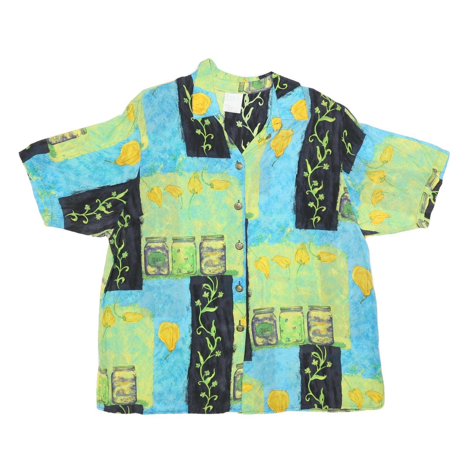 Womens Blue Green Black Rayon Printed Short Sleeve Collared Button Shirt UK 24