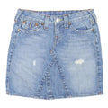 TRUE RELIGION Womens Blue Denim Mini Cotton Blend Skirt XS Distressed Casual