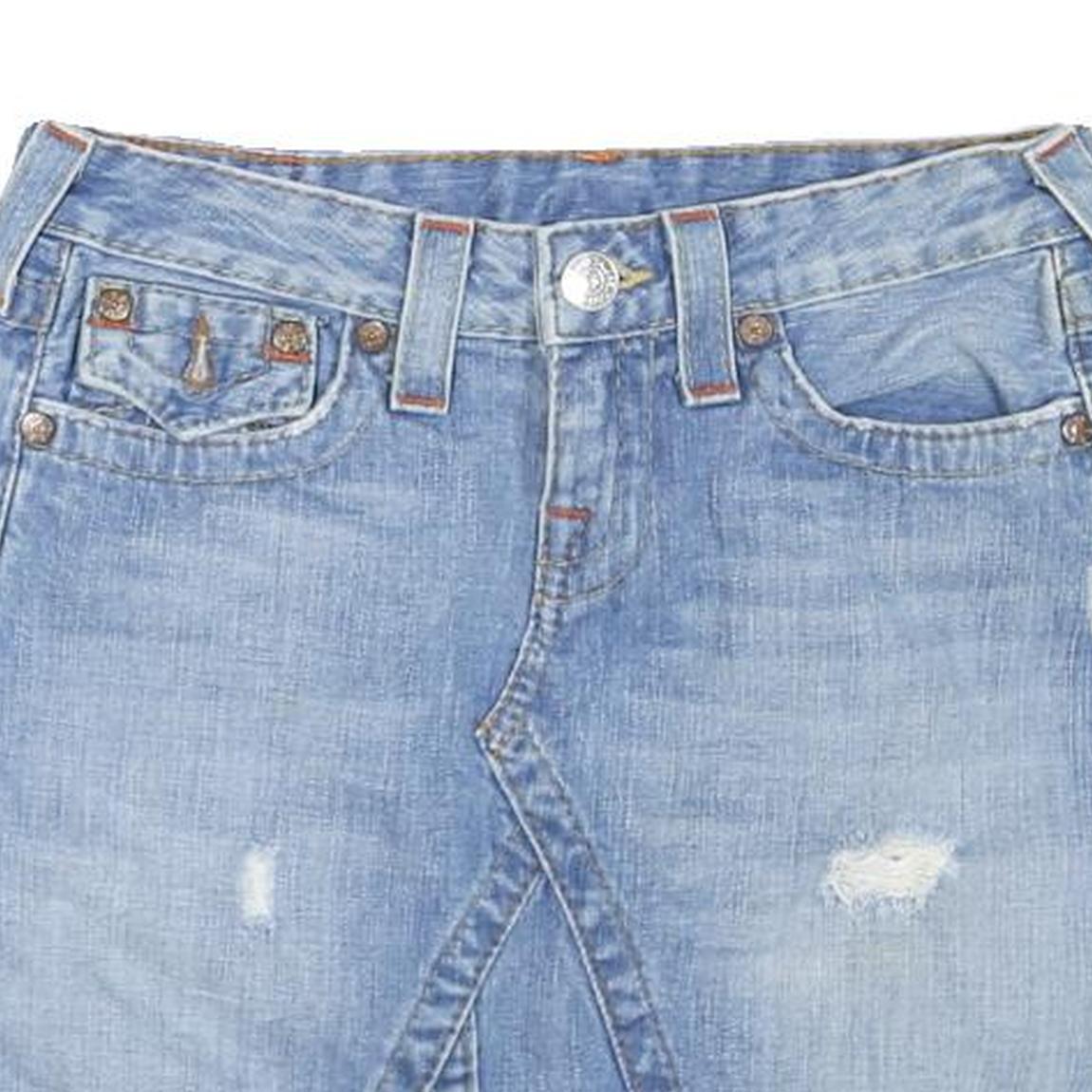 TRUE RELIGION Womens Blue Denim Mini Cotton Blend Skirt XS Distressed Casual