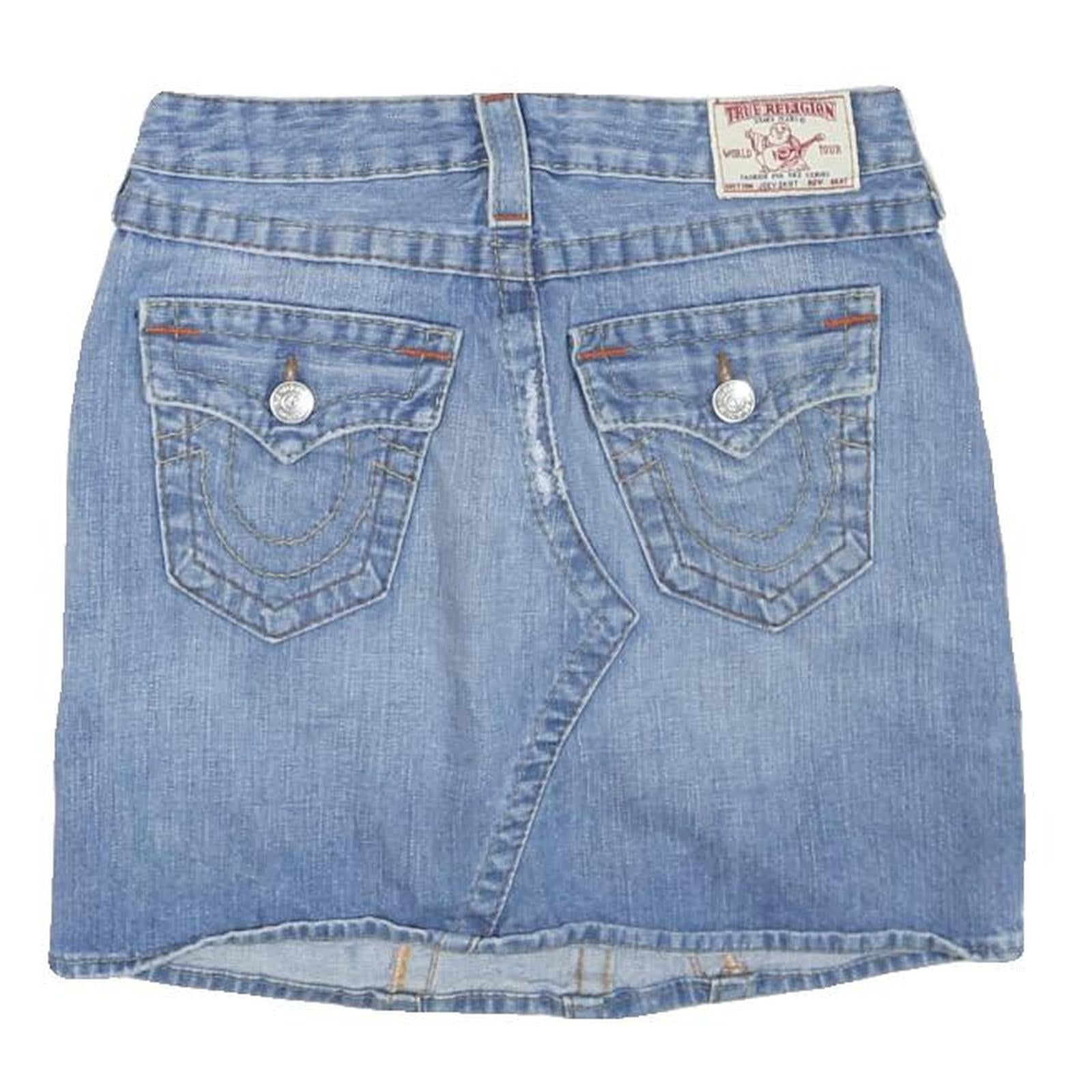 TRUE RELIGION Womens Blue Denim Mini Cotton Blend Skirt XS Distressed Casual