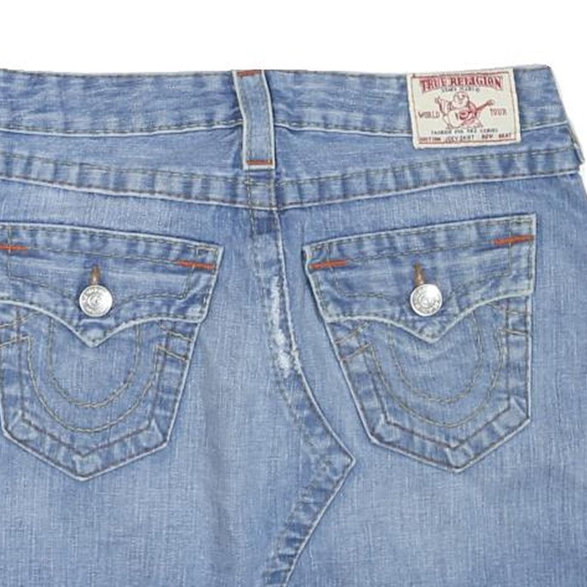 TRUE RELIGION Womens Blue Denim Mini Cotton Blend Skirt XS Distressed Casual