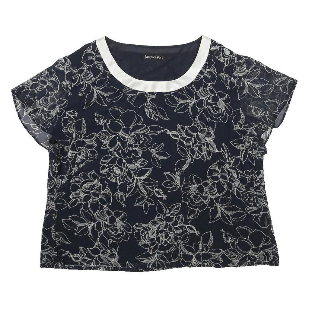 JACQUES VERT Womens Navy Blue & White Printed Blouse Short Sleeve Round Neck UK