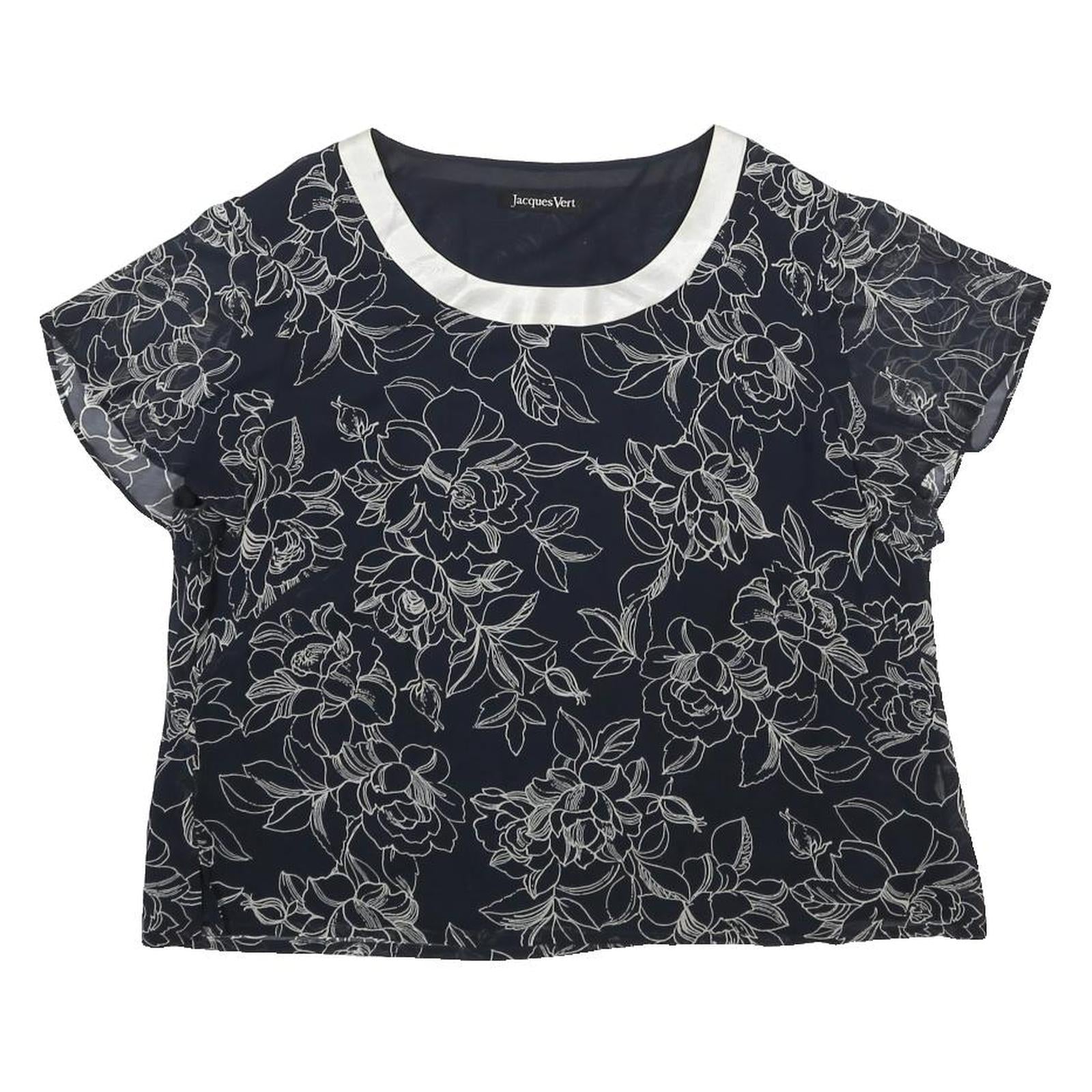 JACQUES VERT Womens Navy Blue & White Printed Blouse Short Sleeve Round Neck UK