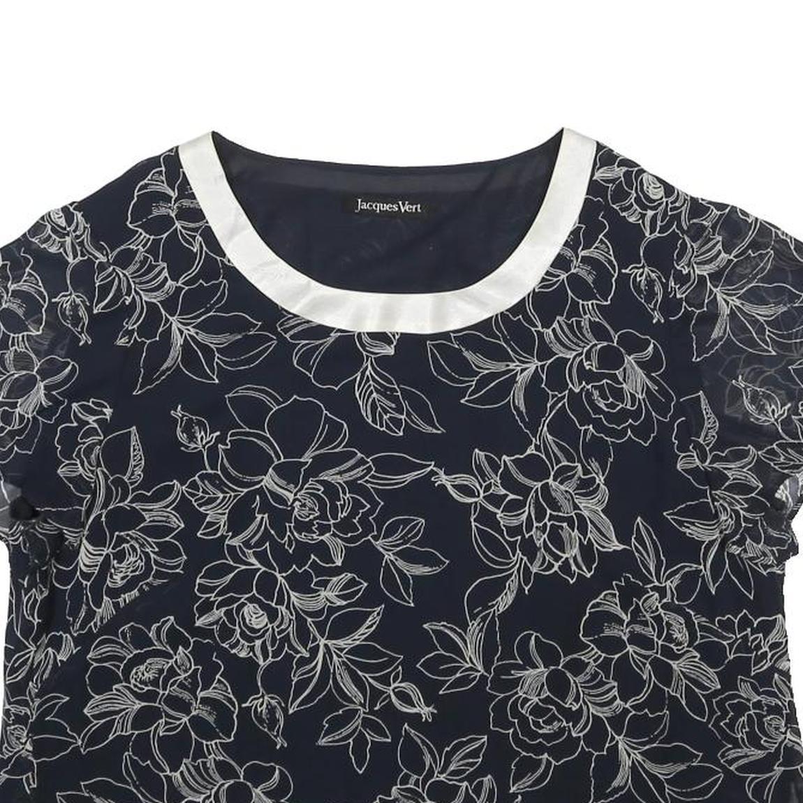 JACQUES VERT Womens Navy Blue & White Printed Blouse Short Sleeve Round Neck UK