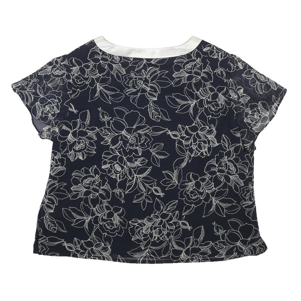 JACQUES VERT Womens Navy Blue & White Printed Blouse Short Sleeve Round Neck UK
