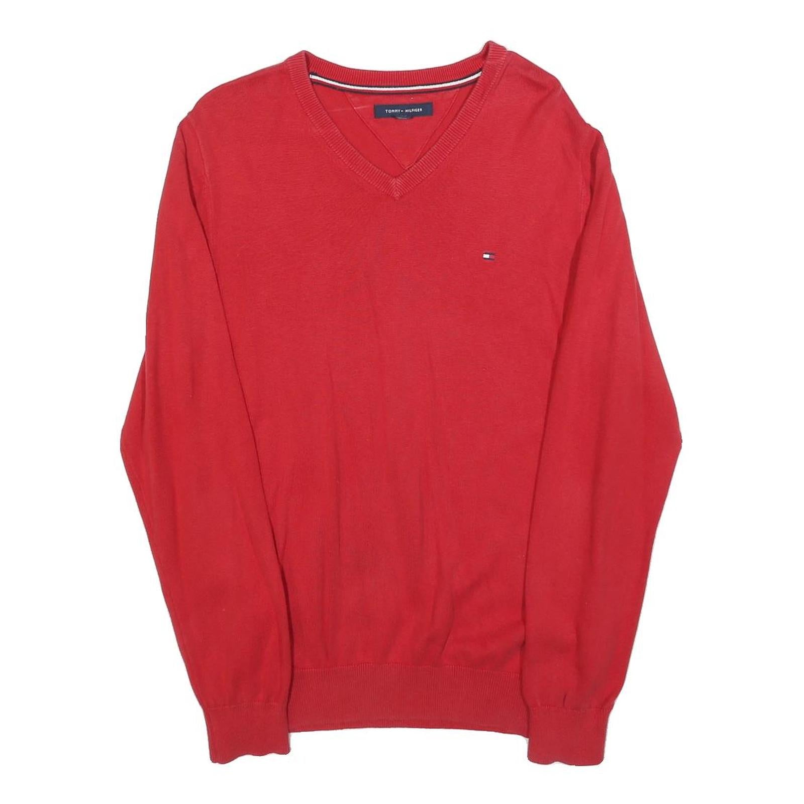 TOMMY HILFIGER Mens Red Pullover Plain V-Neck Basic Knit M Cotton Blend Jumper