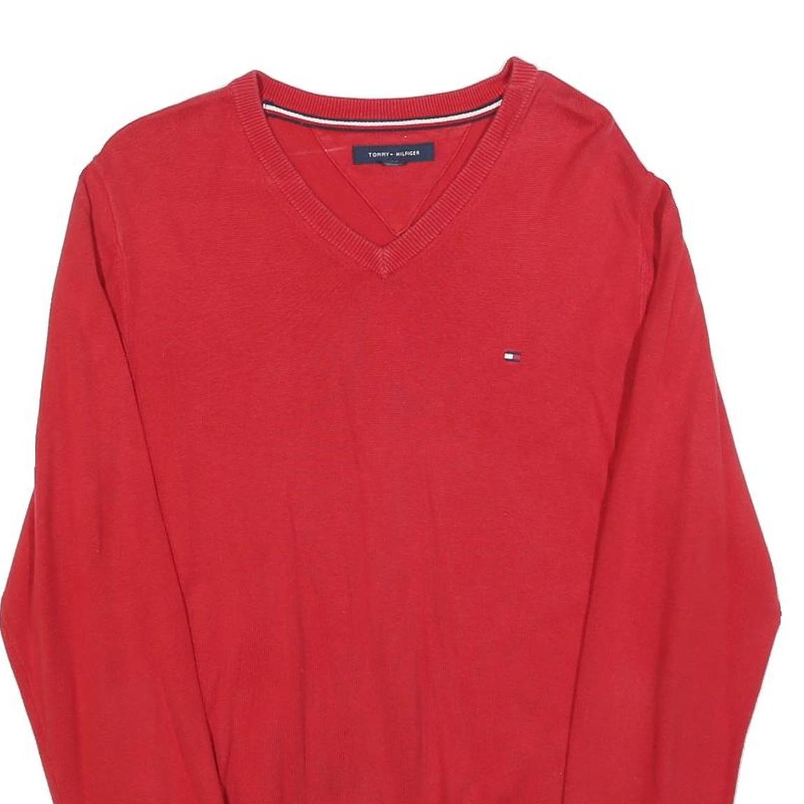 TOMMY HILFIGER Mens Red Pullover Plain V-Neck Basic Knit M Cotton Blend Jumper