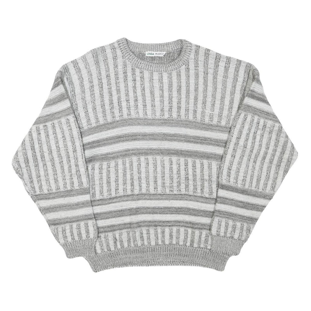 LINEA MARCO Mens Grey & White Patterned Cotton Blend Jumper Crew Neck Chunky