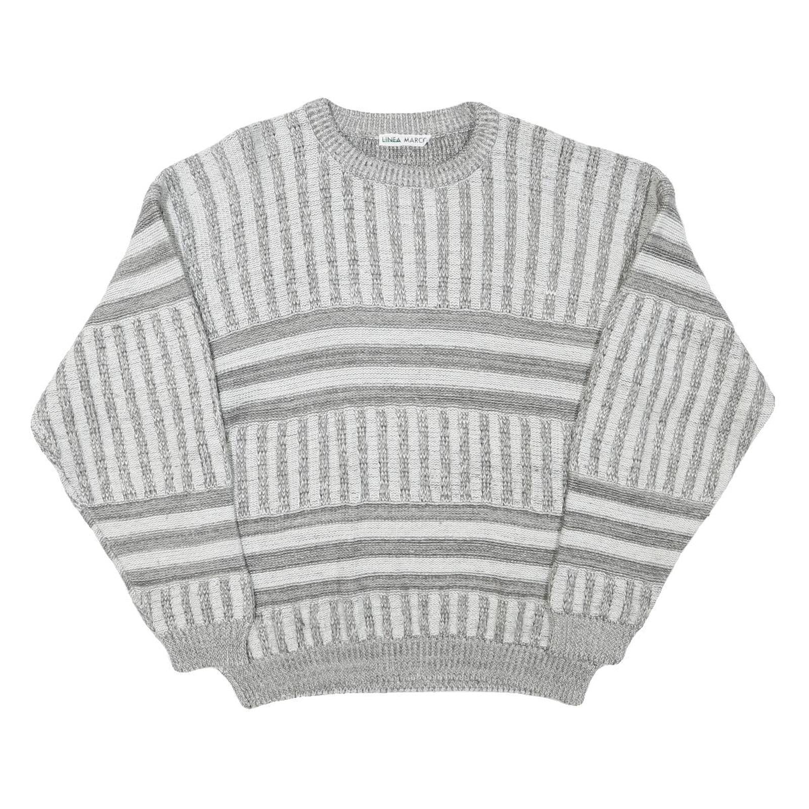 LINEA MARCO Mens Grey & White Patterned Cotton Blend Jumper Crew Neck Chunky