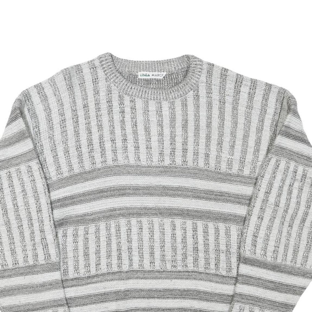 LINEA MARCO Mens Grey & White Patterned Cotton Blend Jumper Crew Neck Chunky