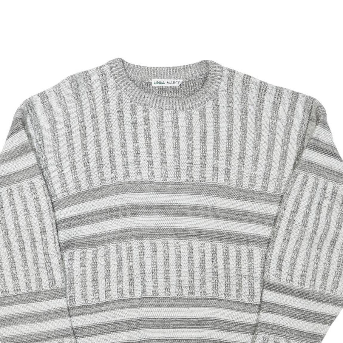 LINEA MARCO Mens Grey & White Patterned Cotton Blend Jumper Crew Neck Chunky